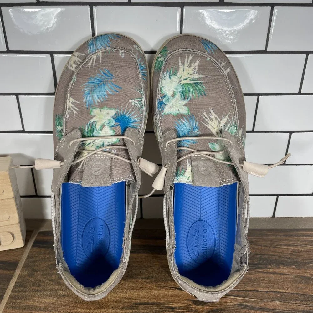 Clarks Higley Tie Mens Size 10 Boat Shoes Sand Floral Canvas Suede Bottle Opener